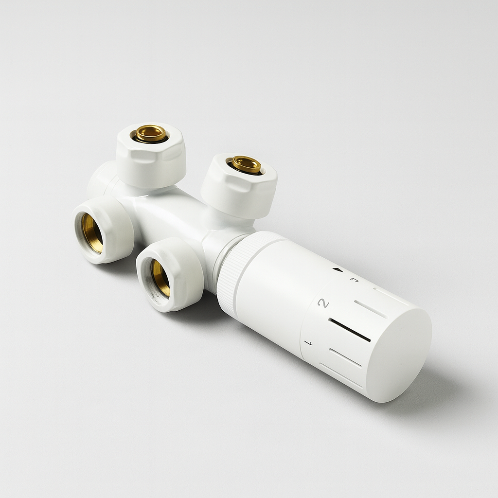 Heizkörper Ventilhahnblock-Set Weiß – schwenkbarer Multiblock mit Thermostatkopf 50 mm Mittelanschluss (Eck- & Durchgangsanschluss)