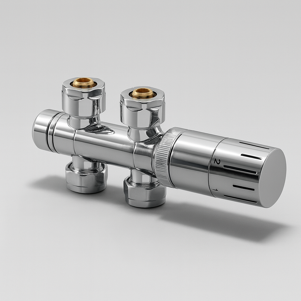 Heizkörper Ventilhahnblock-Set Chrom – schwenkbarer Multiblock mit Thermostatkopf 50 mm Mittelanschluss (Eck- & Durchgangsanschluss)