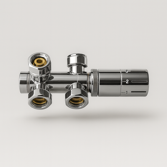 Heizkörper Ventilhahnblock-Set Chrom – schwenkbarer Multiblock mit Thermostatkopf 50 mm Mittelanschluss (Eck- & Durchgangsanschluss)