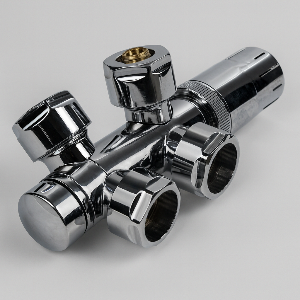 Heizkörper Ventilhahnblock-Set Chrom – schwenkbarer Multiblock mit Thermostatkopf 50 mm Mittelanschluss (Eck- & Durchgangsanschluss)